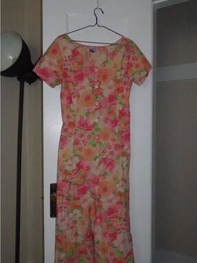 Floral Button-Front Women's Dress - Pink & Peach vintage 80s